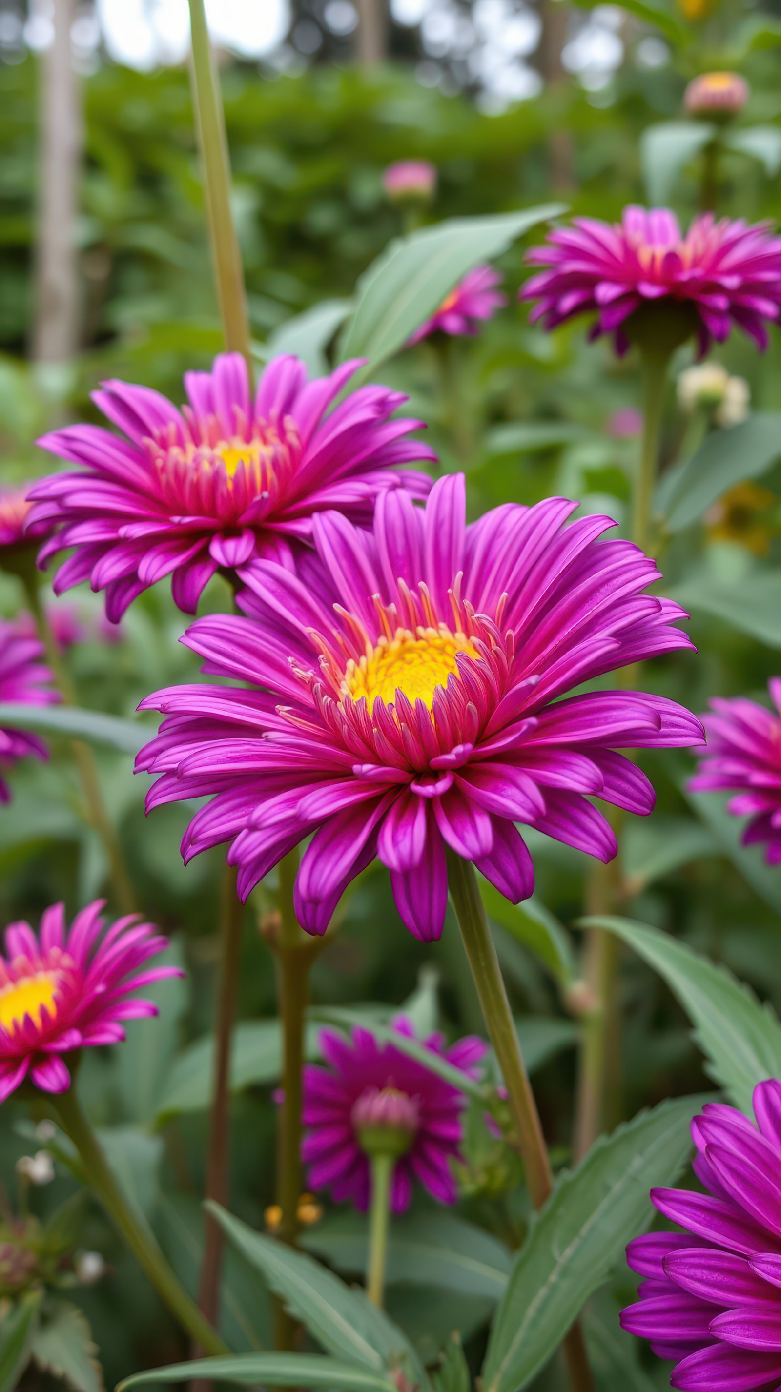 A close-up view of a vibrant pink daisy with yellow center, surrounded by other daisies in a garden, on a sunny day